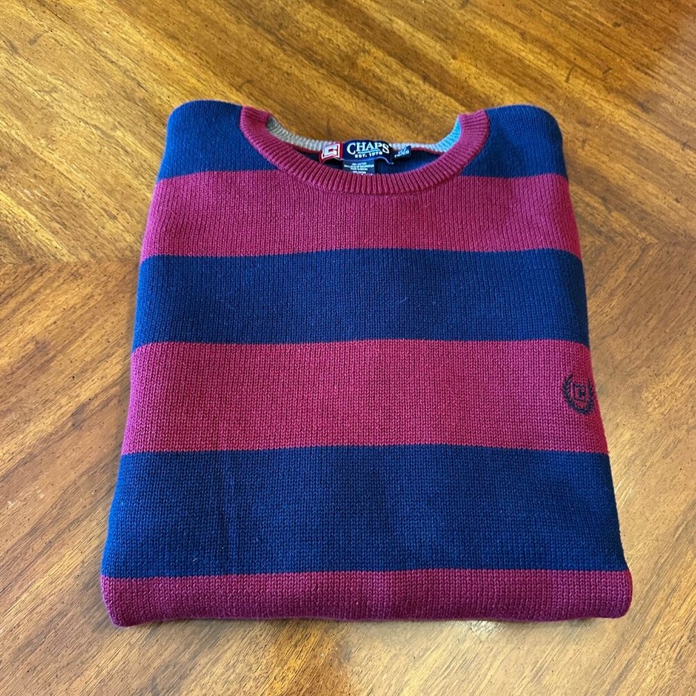 Chaps RL Mens XL Burgundy & Navy Crewneck Striped Sweater Cotton Preppy - Picture 7 of 9